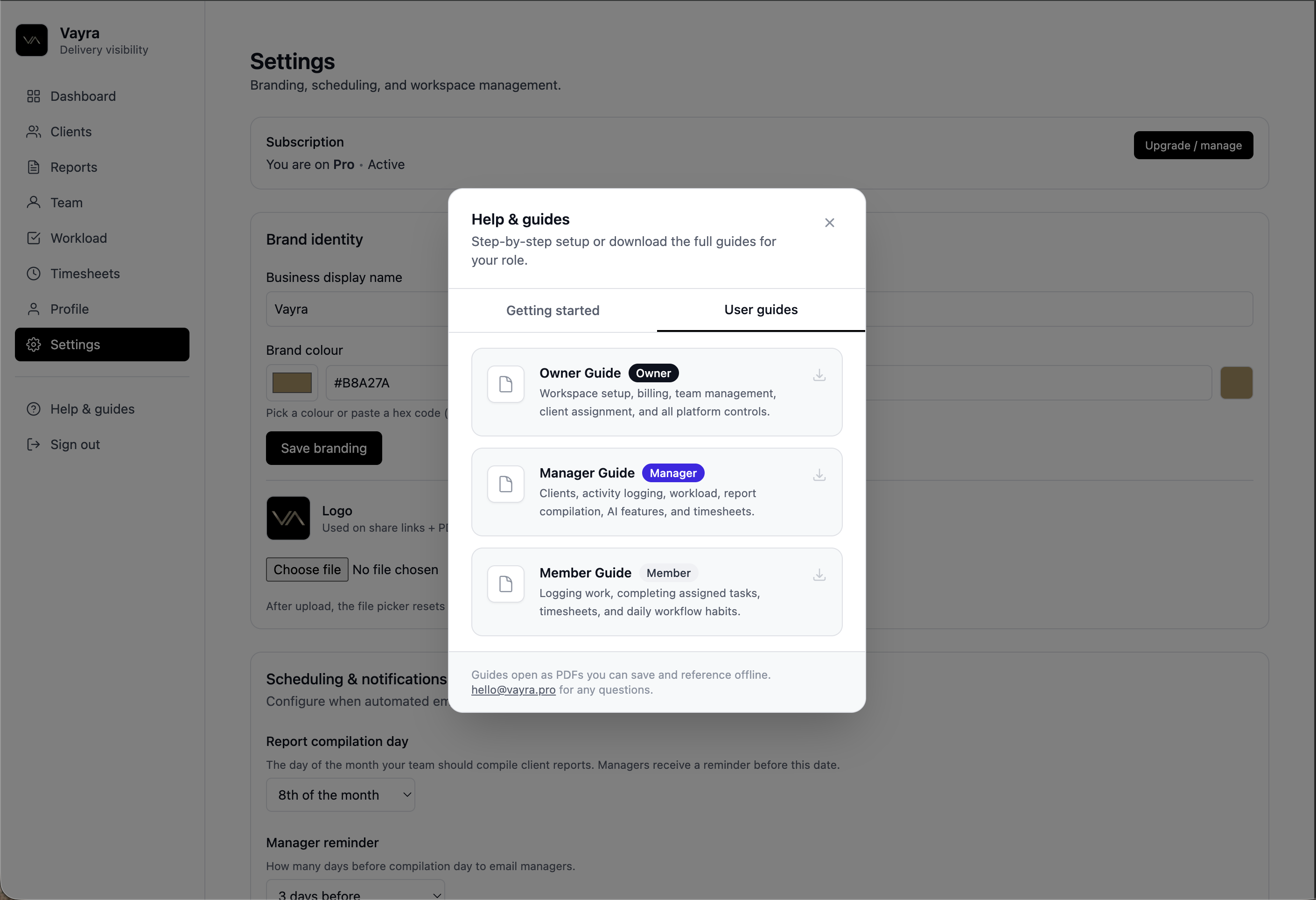 Vayra user guides — owner, manager and member guides